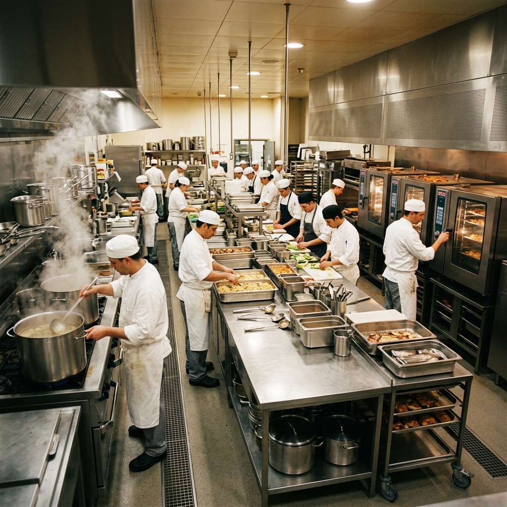 Cozinha industrial em operação com produção de refeições em grande escala