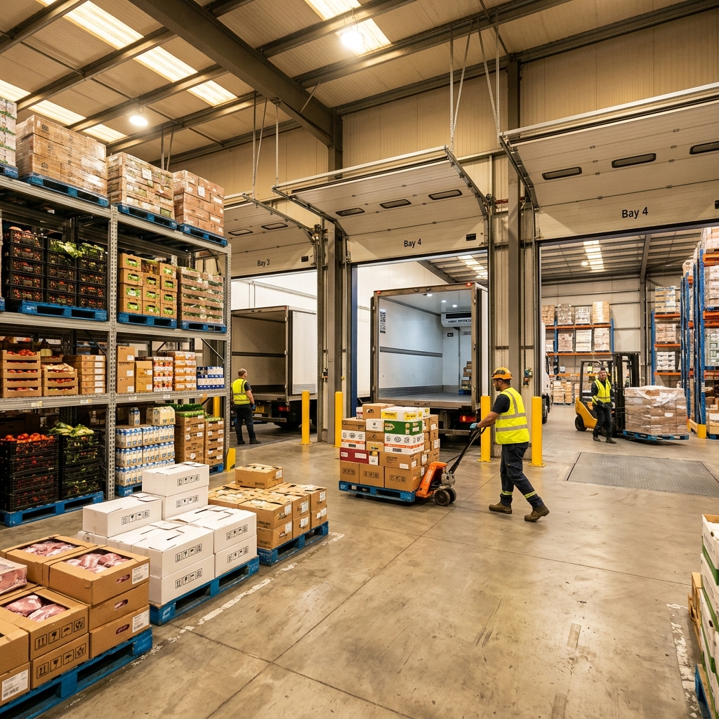 Centro de distribuição de alimentos com carregamento de caminhões refrigerados