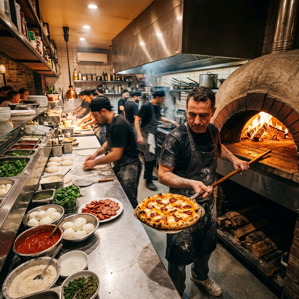 Cozinha comercial movimentada com preparo de pizzas e hambúrgueres