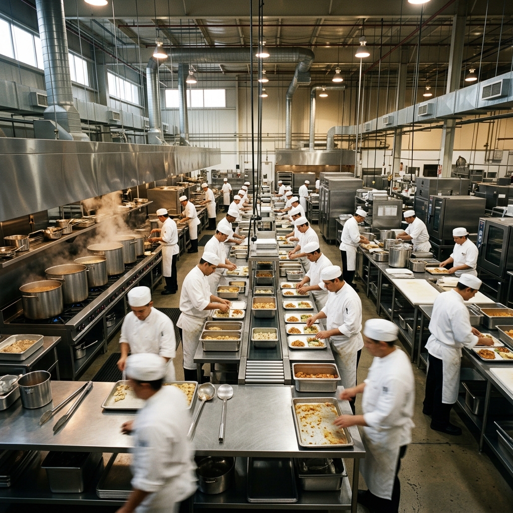 Cozinha industrial com produção em escala — fornecimento corporativo de alimentos para franquias em São Paulo