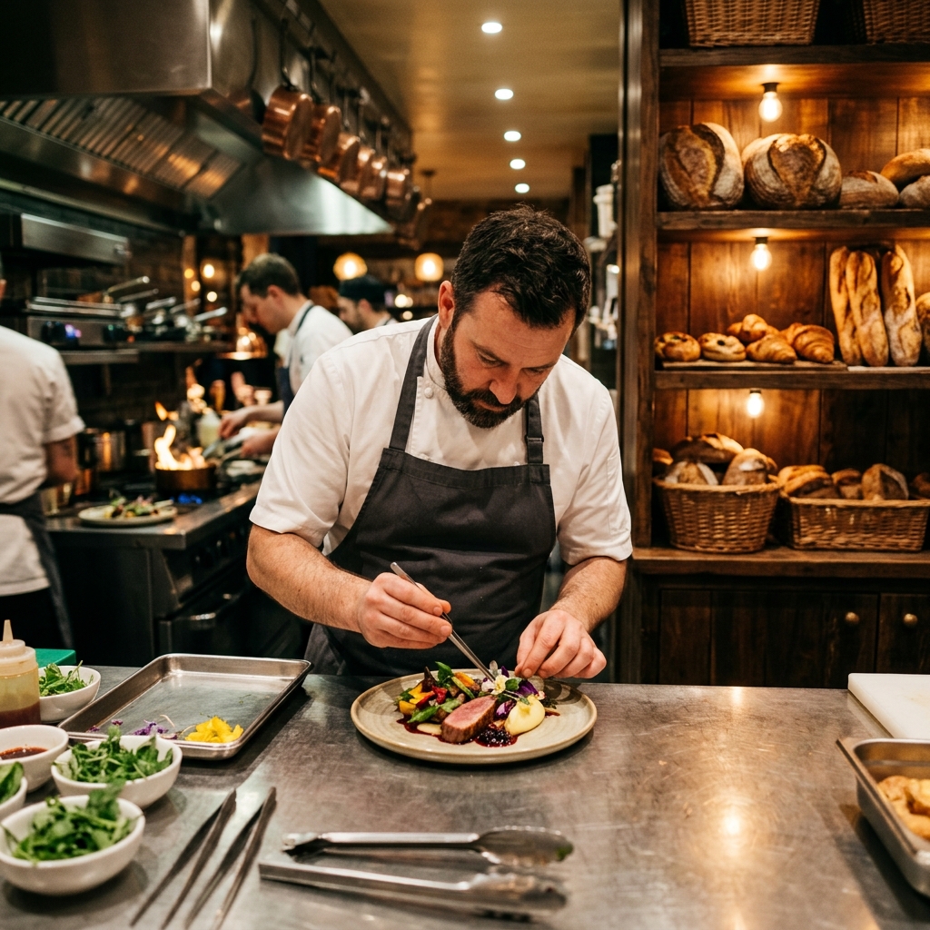 Chef em restaurante profissional finalizando prato gourmet — distribuidora de alimentos B2B São Paulo